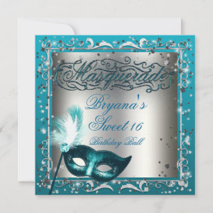 Convite Máscara de Mascarada Prata & Verde Água Teal Festa