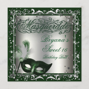 Convite Máscara de Mascarada Prata & Verde Aniversário