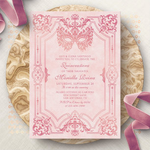 Convite Máscara de Mascarada Rosa Elegante Quinceanera