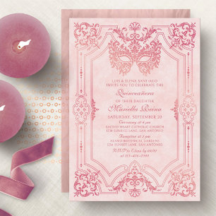 Convite Máscara de Mascarada Rosa Elegante Quinceanera
