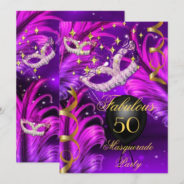 Convite Máscara de Mascarada Rosa Roxo de Aniversário Fabu (Frente/Verso)