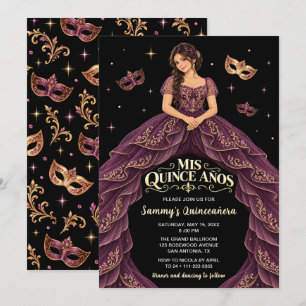 Convite Máscara de Ouro Roxo Quinceañera