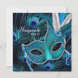 Convite Máscara de Pavão Azul Turquesa Festa de Mascarada