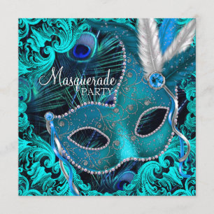 Convite Máscara de Pavão Azul Turquesa Festa de Mascarada