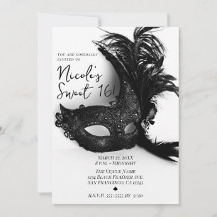 Convite Máscara de Pena Elegante Preto e Branco Sweet 16