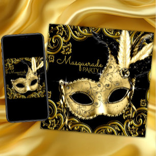 Convite Máscara de Pena Preta e Dourada Festa de Mascarada