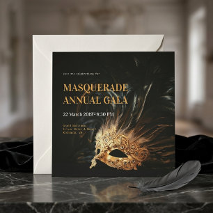Convite Máscara de Pena Preta Elegante para Baile de Másca