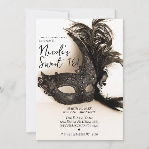 Convite Máscara de Pena Preta Elegante Tan Sweet 16