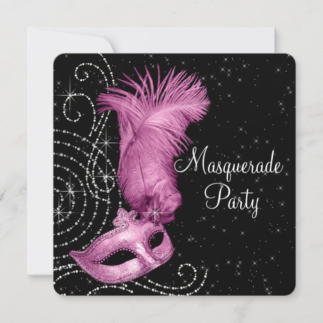 Convite Máscara de Pena Rosa Festa de Mascarados (Frente)