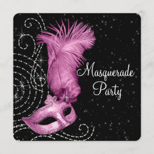 Convite Máscara de Pena Rosa Festa de Mascarados