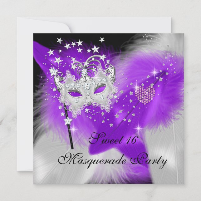 Convite Máscara de Pena Roxa Branca Masquerade Sweet 16 (Frente)