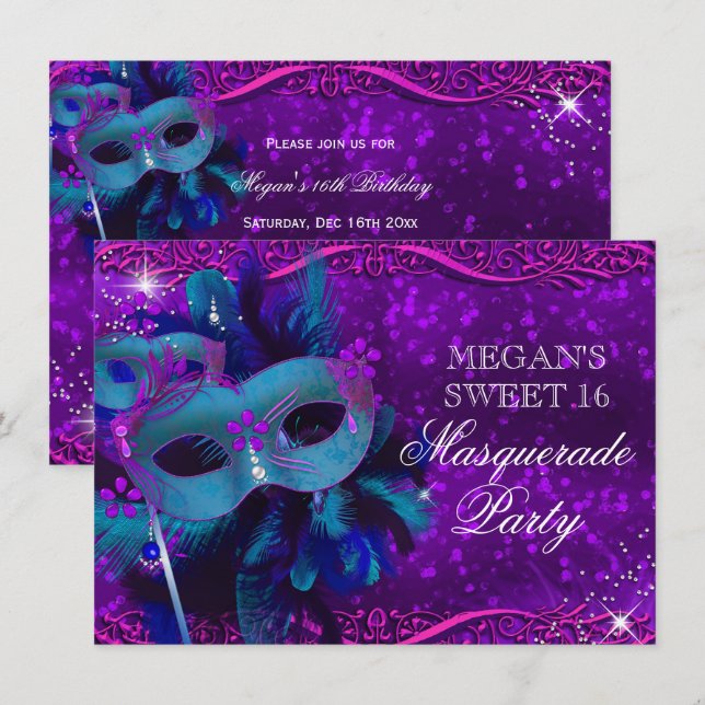 Convite Máscara de Pena Roxa Teal Mascarada Sweet 16 (Frente/Verso)
