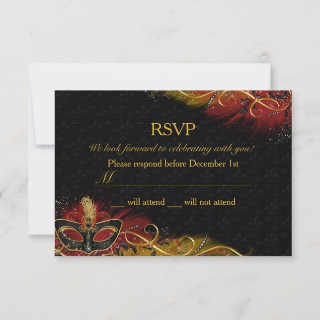 Convite Máscara de Pena Vermelha e Dourada Sparkle RSVP de (Frente)