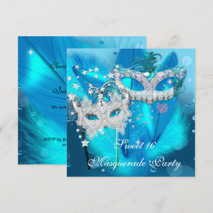 Convite Máscara de Penas Azul Turquesa Masquerade Sweet 16
