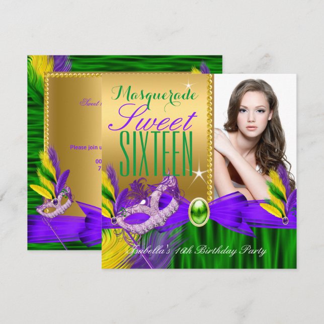 Convite Máscara de Penas Violeta Verde Dourado Masquerade  (Frente/Verso)