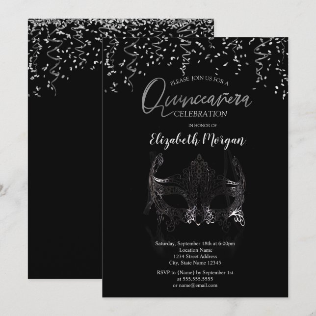 Convite Máscara de Prata, Confetes Máscara de Quinceañera (Frente/Verso)