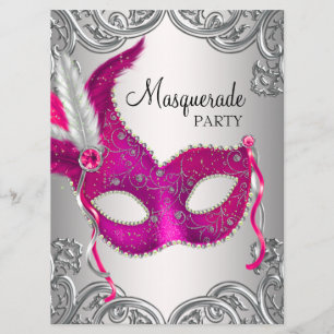 Convite Máscara de Prata Rosa Quente Festa de Baile de Más