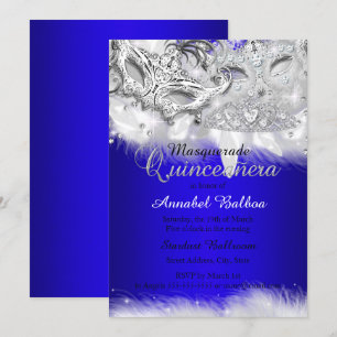Convite Máscara de Quinceanera Azul Real com Brilho Pratea
