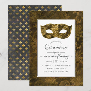 Convite Máscara de Quinceañera Dourada Vintage
