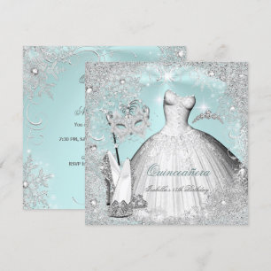 Convite Máscara de Quinze Anos Azul Menta Flocos de Neve P