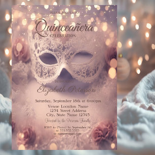 Convite Máscara de Renda Branca Rosas Quinceañera