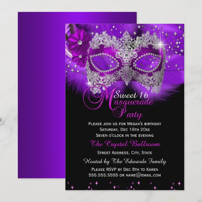 Convite Máscara de Renda Brilhante Violeta Sweet 16 Mascar (Frente/Verso)