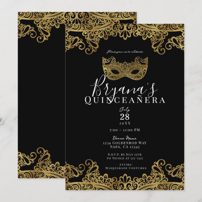 Convite Máscara de renda preta e dourada 15ª Quinceañera (Frente/Verso)
