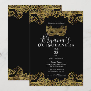 Convite Máscara de renda preta e dourada 15ª Quinceañera