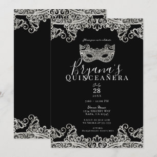Convite Máscara de renda preta e prateada 15ª Quinceañera