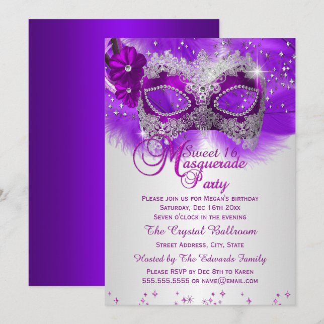 Convite Máscara de Renda Roxa Prata Mascarada Sweet 16 (Frente/Verso)