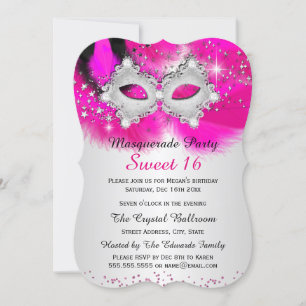 Convite Máscara de Renda Sweet 16 Rosa Quente Prata Mascar