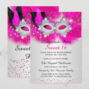 Convite Máscara de Renda Sweet 16 Rosa Quente Prata Mascar