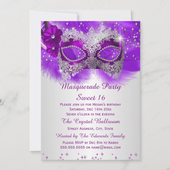 Convite Máscara de Renda Sweet 16 Roxo Prata Mascarada (Frente)