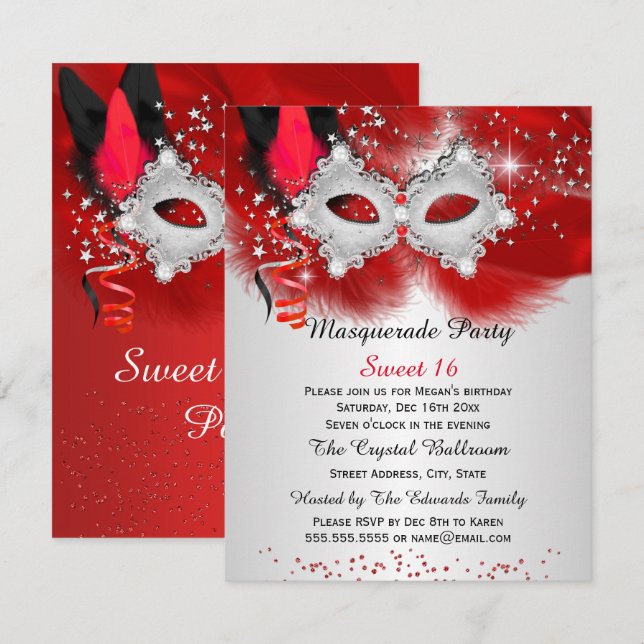 Convite Máscara de Renda Sweet 16 Vermelha Prata Mascarada (Frente/Verso)