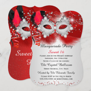 Convite Máscara de Renda Sweet 16 Vermelha Prata Mascarada