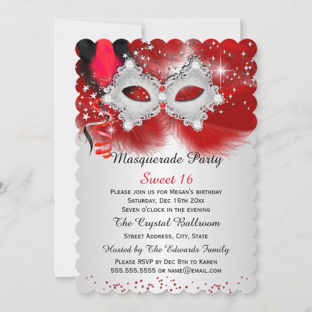 Convite Máscara de Renda Sweet 16 Vermelha Prata Mascarada (Frente)