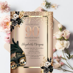 Convite Máscara de Rosas Pretas Elegantes Confetes 90º