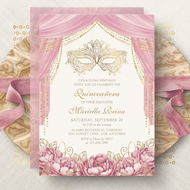 Convite Máscara de Rosto Cor-de-Rosa Quinceanera (Criador carregado)