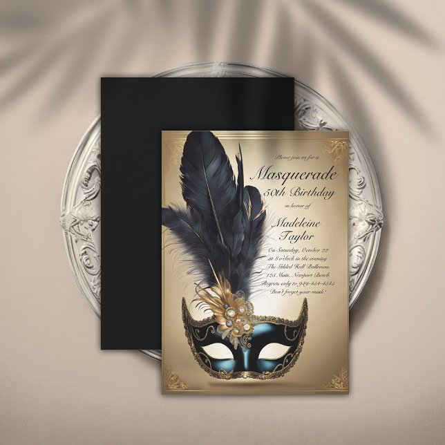 Convite Máscara de Veneza Dourada mascarada Black 50º Aniv (masquerade 50th birthday party invitation glamorous gold black venetian mask elegant modern classy)