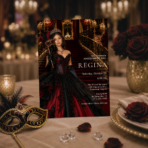 Convite Máscara de Vermelho e Preto Quinceañera