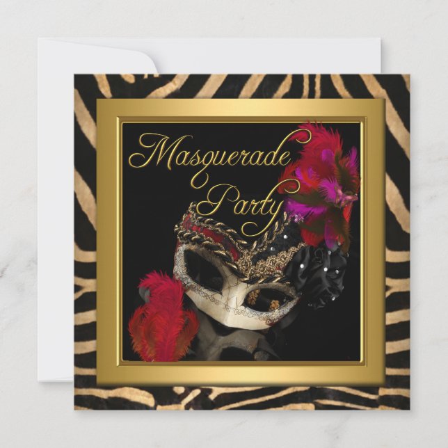 Convite Máscara de Zebra de Mascarada Vermelho Dourado Fes (Frente)