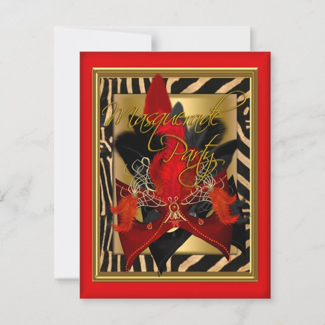 Convite Máscara de Zebra de Mascarada Vermelho Dourado Fes (Frente)