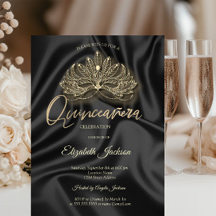 Convite Máscara Dourada de Quinceanera de Cetim Preto