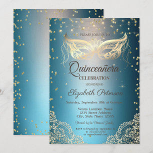 Convite Máscara Dourada de Renda, Diamantes Quinceañera