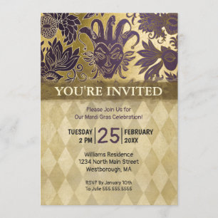 Convite Máscara Dourada do Partido Mardi Gras Roxo