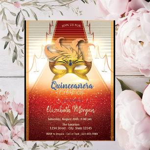 Convite Máscara Dourada Elegante, Quinceanera no Tapete Ve