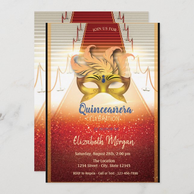 Convite Máscara Dourada Elegante, Quinceanera no Tapete Ve (Frente/Verso)