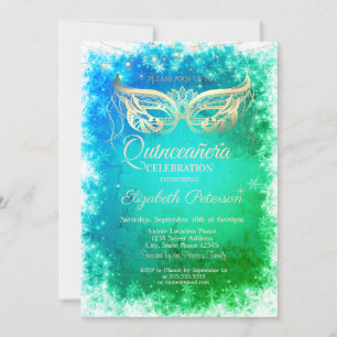 Convite Máscara Dourada Flocos de Neve Verde Quinceanera