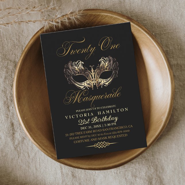 Convite Máscara Dourada mascarada aniversário de 21 anos (Criador carregado)
