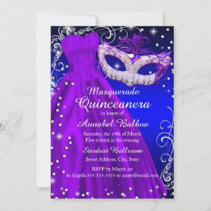 Convite Máscara e Vestido Azul Roxo Masquerade Quinceanera